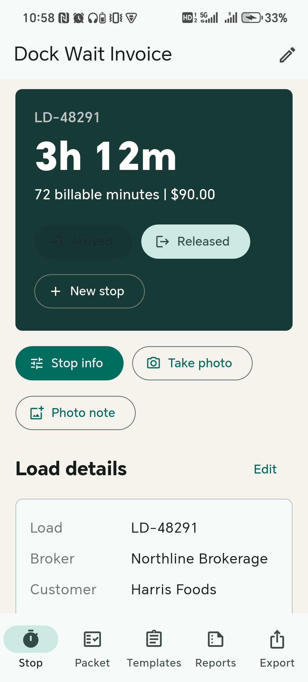 Dock Wait Invoice Android app showing a detention timer, billable minutes, and export-ready stop details.